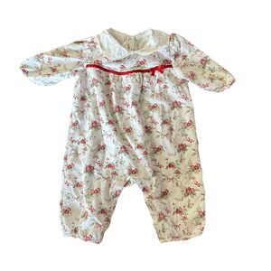 Janie and Jack Pink Tag Bow Floral One Piece Holiday Baby Girl